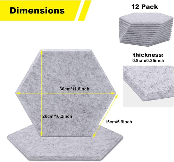 12-pack hexagonala akustiska isoleringspaneler, 30*26*0,9 cm, ljusgrå.