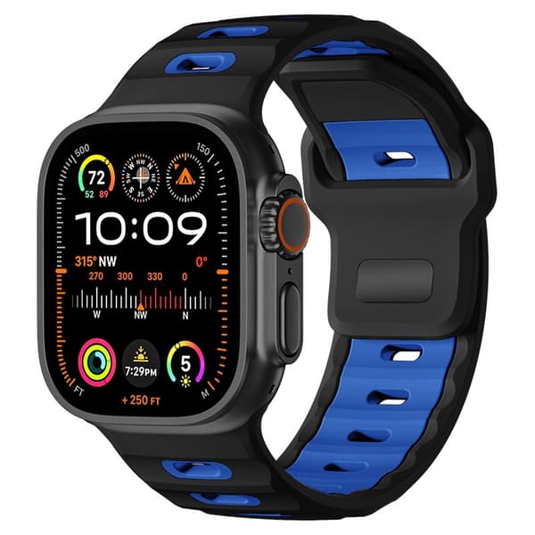 Stilfuld silikonerem til Apple Watch 42/44/45/46/49mm Sort+Blå Black+Blue