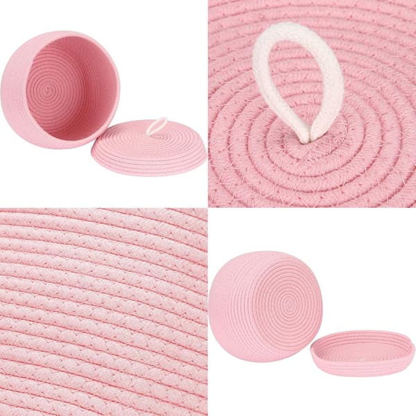 Rund förvaringskorg i vävd bomullsrep med lock, rosa pink s