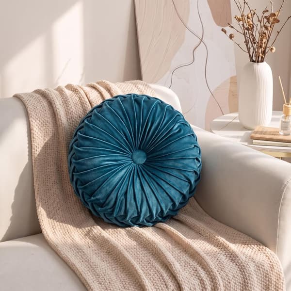 Rund sammetskudde för soffa Liten handgjord dekorativ prydnadskudde för säng sovrum 38*38*15cm Mörkblå blue