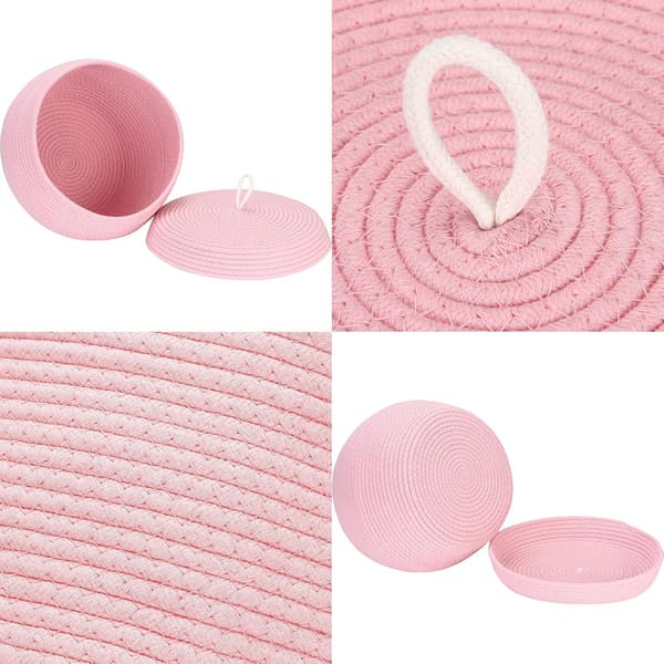 Rund förvaringskorg i vävd bomullsrep med lock, rosa pink l