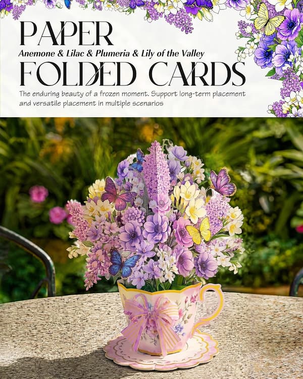 4 stk. Pop Up Blomsterbuketkort til kvinder mor kone, lilla purple