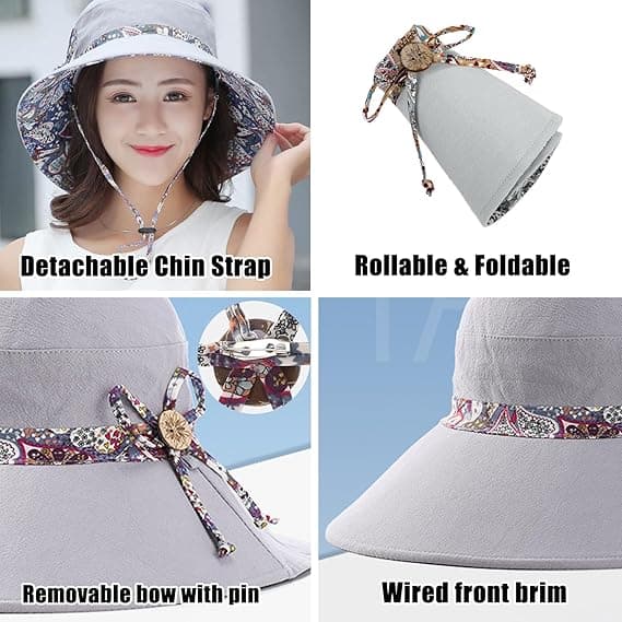 Dame Solhat UPF50+ Sommer Foldbar Strand Vendbar Hat Udendørs Bredskyggede Kasket Light grey