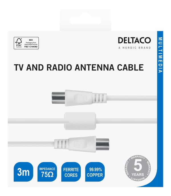 Antennkabel, 75 Ohm nickelpläterade kontakter, 3m, vit