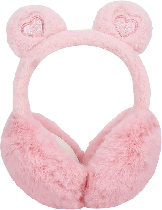 Vinterhøreværn, foldbart og varmt, tegneseriemønster, blødt og fluffy, bjørnemønster (pink).