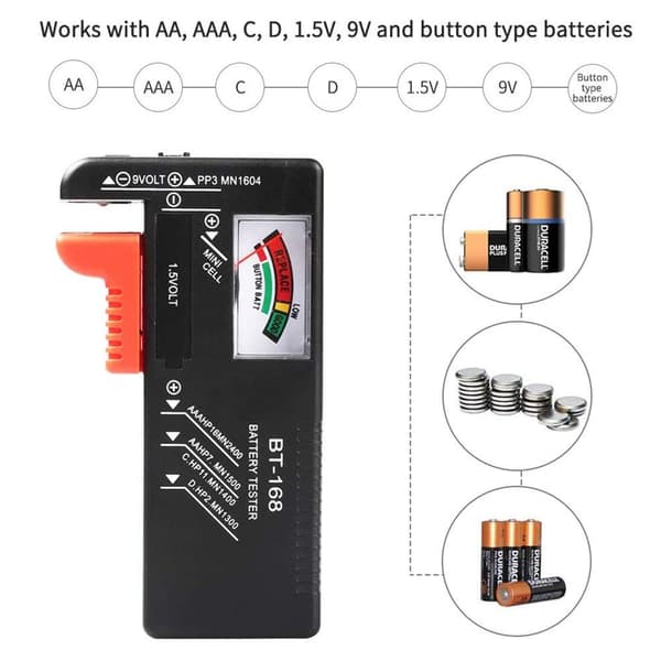 BT-168 Batteritester (1 stk.) til AA, AAA, CD, 9V og 1,5V (knap) batterier.