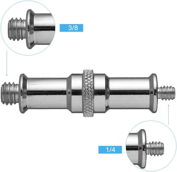 Sæt med 2 standard 1/4\" til 3/8\" han gevind metaladaptere til studielysstativer og trådløse flashmodtagere