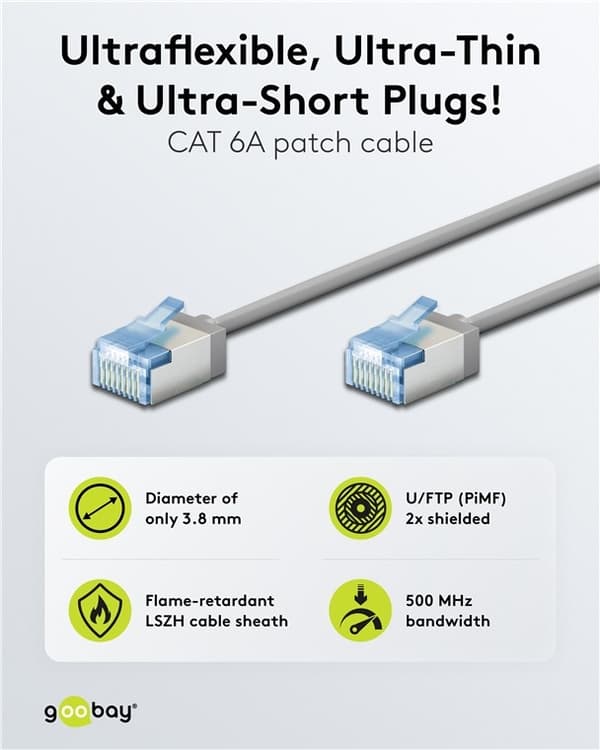 Ultrafleksibel patchkabel CAT 6A, slank, U/FTP, grå