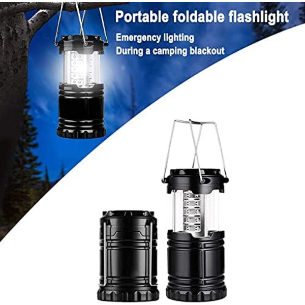 Sæt med 2 bærbare, foldbare LED-campinglygter med justerbar lysstyrke til strømafbrydelser, sort.