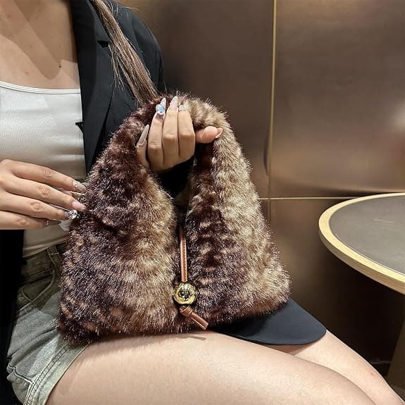 Dam Fuskpäls Vinter Mode Axelväska Tunna Form Dragsko Satchel Handväska (kaffe) coffee