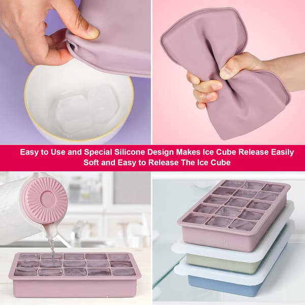 Isbitsform med lock och tång, 3-pack 45 kuber, stora återanvändbara silikonisbitsformar och BPA-fria (Rosa+Blå+Grön)