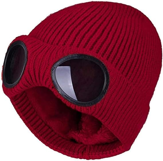 Unisex Goggle Beanie Stickad Vinter Chunky Beanie Hatt Wine red