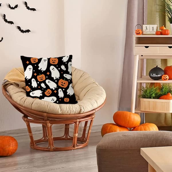 Halloween linned pudebetræk - 45 x 45 cm - Spøgelse græskar mønster - Til hjemme- eller sofapynt