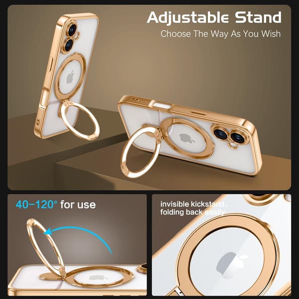 iPhone 16 Deksel [Kompatibelt med Magsafe], Usynlig Ringstativ Klar Bakside Støtsikkert Deksel, Desert Titanium