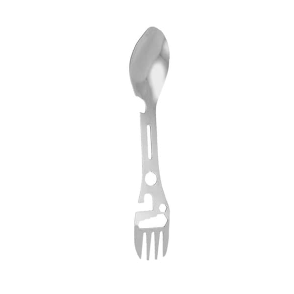 4-pak 10-i-1 rustfrit stål Spork Multifunktionel Ske-Gaffel til Camping, Vandring og Rejser med Flaskeåbner, Unbrakonøgle og Sav Sølv