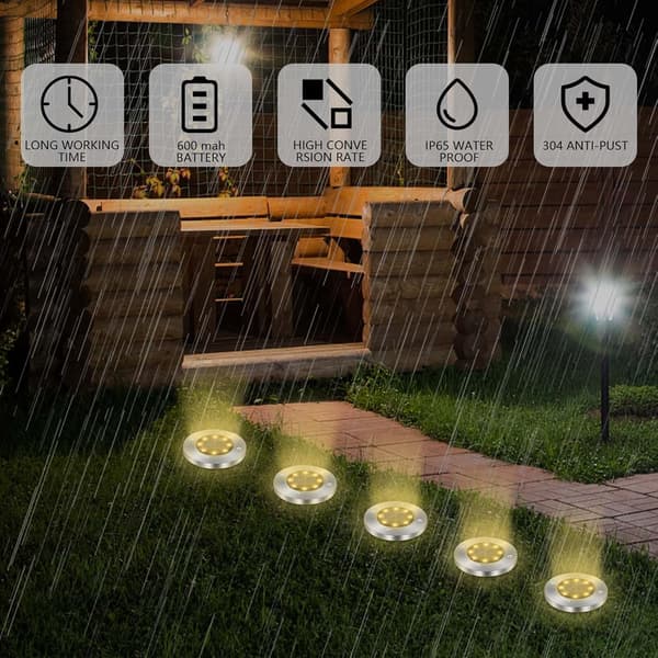 LED utendørs solcellelamper, 8 stk IP65 vanntette bakke solcellehagelys, innfelte solcellehagespotter (varmt lys)
