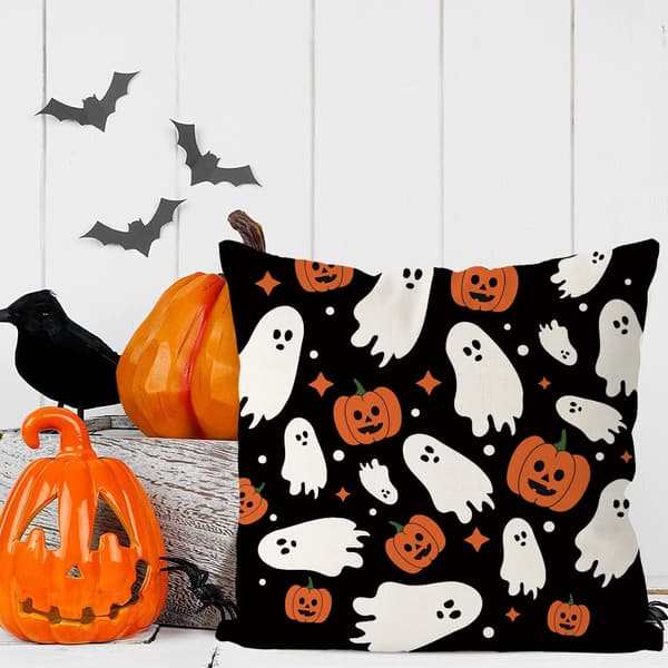 Halloween linned pudebetræk - 45 x 45 cm - Spøgelse græskar mønster - Til hjemme- eller sofapynt