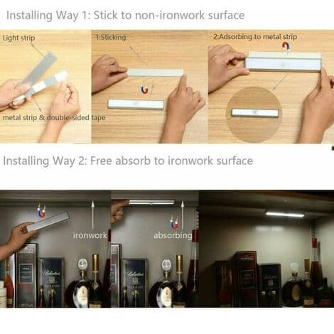 Tre 10-LED skaplamper, trådløse, USB-oppladbare, magnetiske, med bevegelsessensor, 2 lysmoduser, bærbare. Skaplampe, nødbelysning