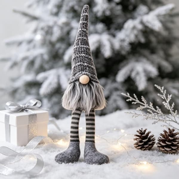 Julrandig stickad mössa långbent tomte-docka 8x8x40cm tecknad, grå gray