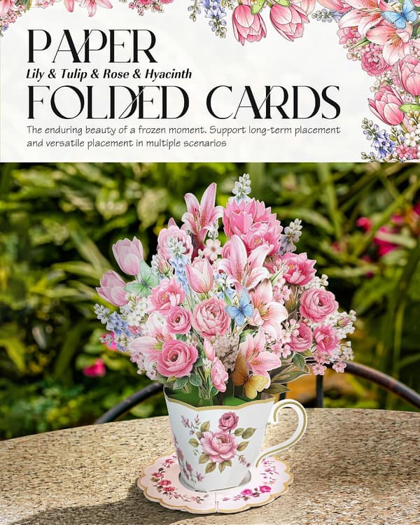 4 stk. Pop Up Blomsterbuketkort til kvinder, mor, kone, lyserød pink