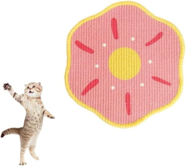 Sisal Kattekradseplade med Klæbende Bagside, Væg- eller Sofamontering, Holdbart Klo-plejebræt 40 cm (Lyserøde blomster) pink