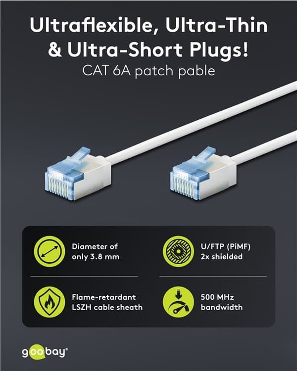 Ultrafleksibel patchkabel CAT 6A, slank, U/FTP, hvit