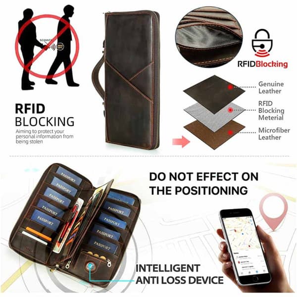 RFID-beskyttet rejsepung og pasmappe med Airtag-lomme, kaffe coffee