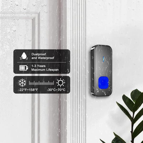 Trådlös dörrklocka, Plug-in Vattentät Batteridriven Sladdlös Elektrisk Dörrklocka Set