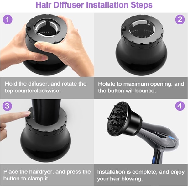 Universal hår diffuser, kompatibel med hårfønere, justerbar diffuserdyse fra 3,5 til 6,5 cm (1,4 til 2,6 tommer)