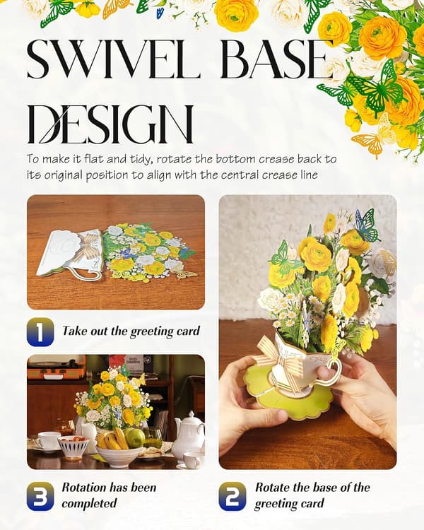 4 stk. Pop-Up Blomsterbuketkort til Kvinder Mor Hustru, Gul yellow
