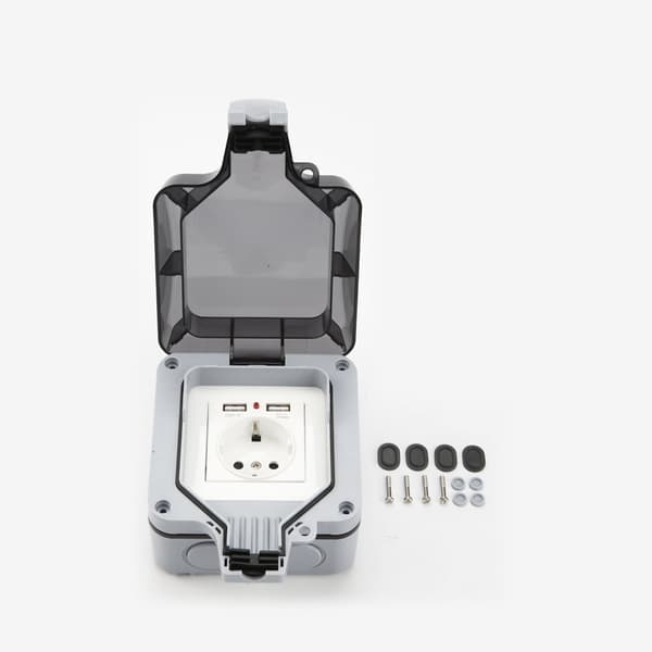 Vanntett veggkontakt med deksel, med 2 USB-porter Grå Grey