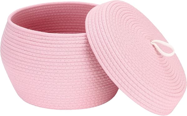 Rund förvaringskorg i vävd bomullsrep med lock, rosa pink l