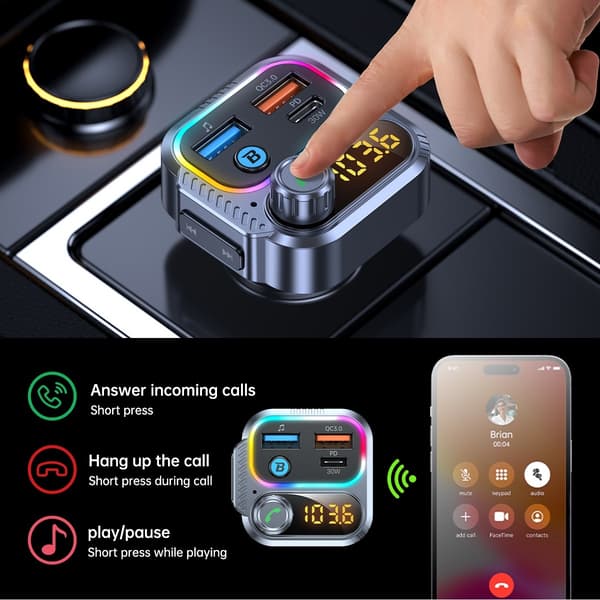 Bil Bluetooth MP3-sender med PD30W USB-C-oplader og dobbelt USB 5V/2.4A, Bluetooth 5.3, understøtter MP3 WMA WAV og 12V-24V kompatibilitet