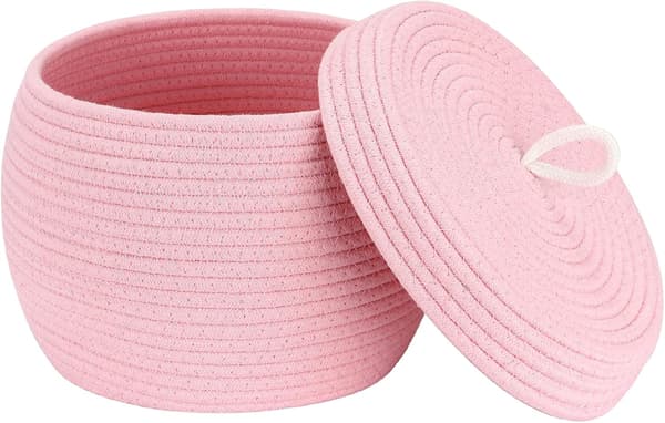 Rund förvaringskorg i vävd bomullsrep med lock, rosa pink s
