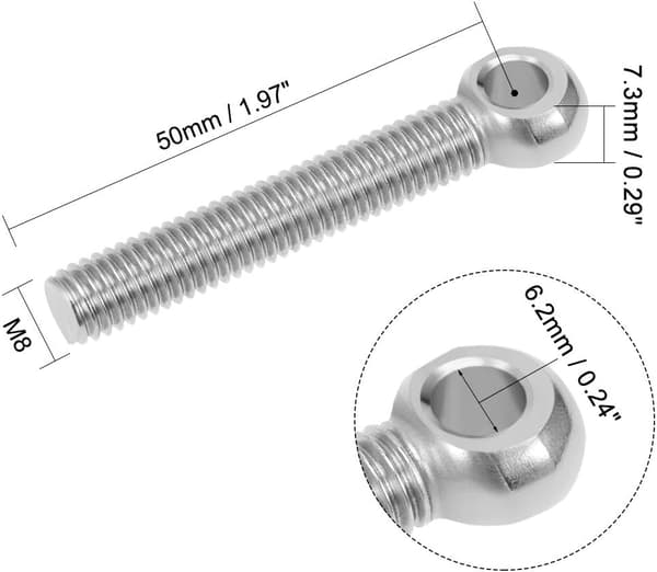 2 stk. Øjebolt Løftering M8 x 50mm 304 Rustfrit Stål Gevind