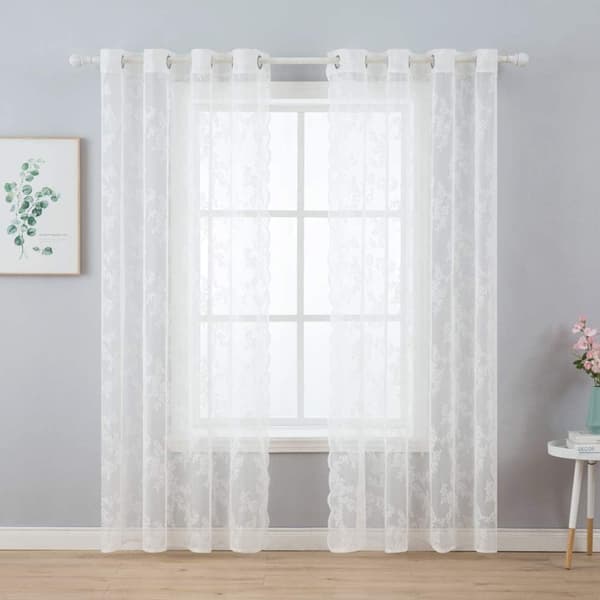 Spetsgardiner - Tyllgardiner broderade med blommor, fläktformad fåll, lämpliga för sovrum och vardagsrum, 2 x 145 x 245 cm