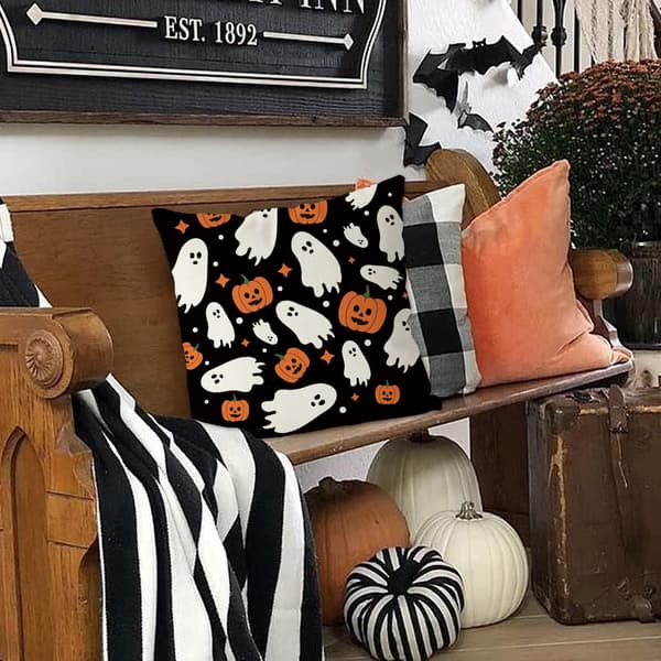 Halloween linned pudebetræk - 45 x 45 cm - Spøgelse græskar mønster - Til hjemme- eller sofapynt