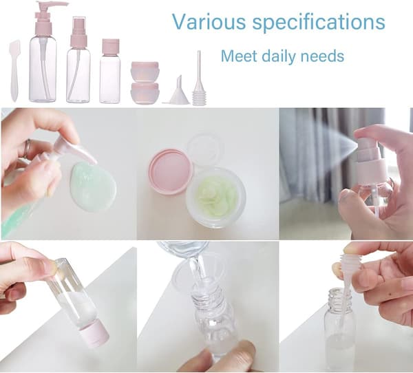 Set med 8 reseflaskor, behållare och reseförpackningar, med förvaringspåse