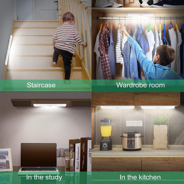 4-pakning 24 LED skaplyssett, bevegelsessensor LED-lys med 3 lysmoduser, oppladbart LED-lys