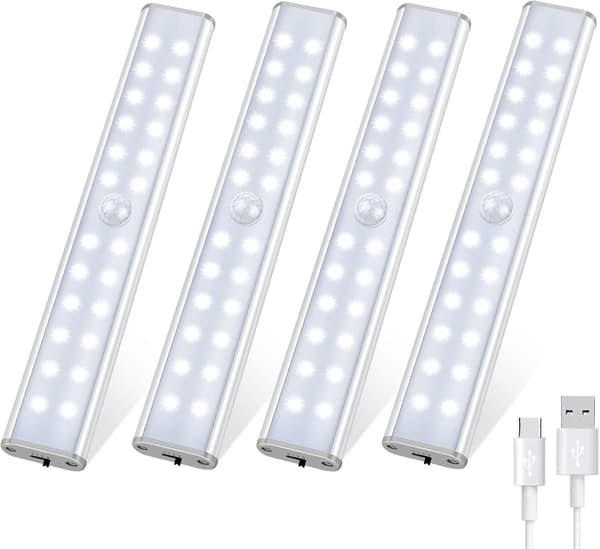 4-pakning 24 LED skaplyssett, bevegelsessensor LED-lys med 3 lysmoduser, oppladbart LED-lys