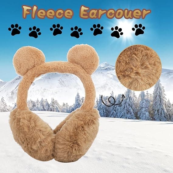 Sammenfoldelige og varme vinterørekopper med tegneseriemønstre, bløde og fluffy bjørneformede ørekopper (khaki).