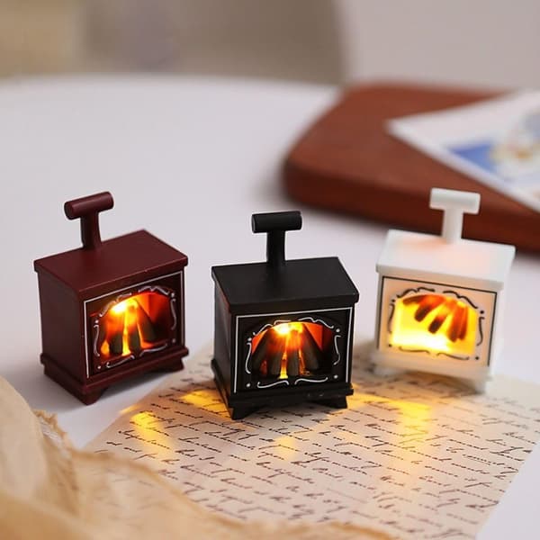 Mini LED glødende pejsmodel dukkehus, mikrolandskabsornamenter DIY-tilbehør (sort) black
