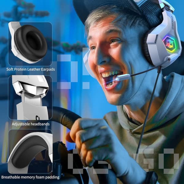 Spelheadset för PS5 PS4 PC, Öronmuffar med Surroundljud & RGB-belysning för Xbox Switch Mac Laptop vit