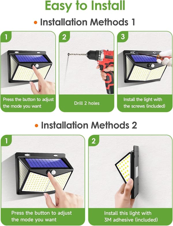 Utendørs solcellelampe, 208 LED, 1200 lumen, 3 moduser, bevegelsessensor