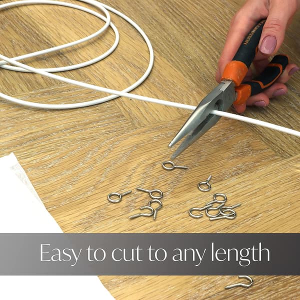 Hvit metallkabel for gardinkapper med 8 kroker og 8 maljer (3 meter kabel + 8 kroker + 8 maljer)