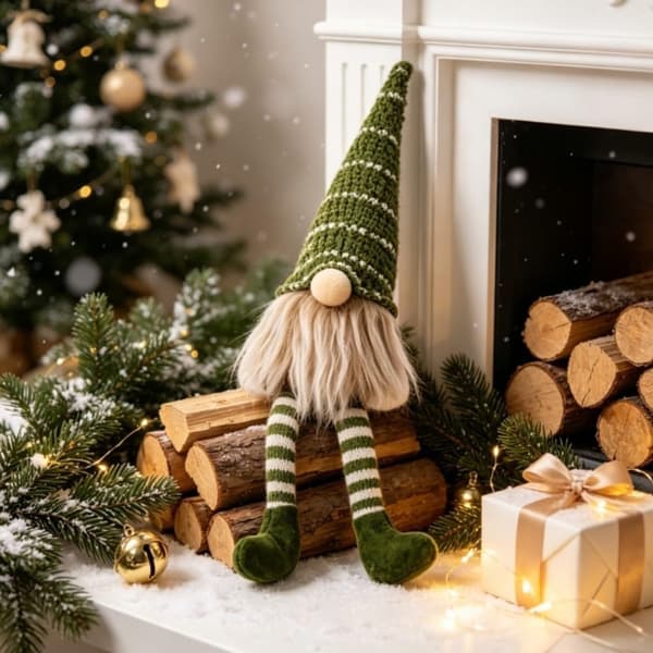 Julrandig stickad mössa långbent tomte-docka 8x8x40cm tecknad, grå gray