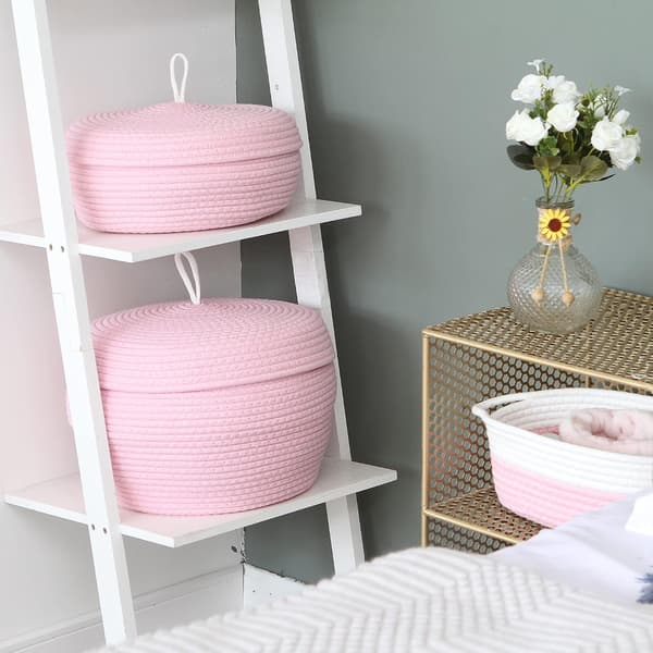 Rund förvaringskorg i vävd bomullsrep med lock, rosa pink l