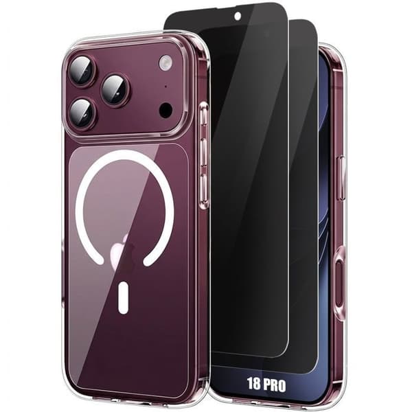Etui + 2 støtsikre anti-spionglass til iPhone 18 Pro, hardt støtsikkert med magnetisk ring Transparent