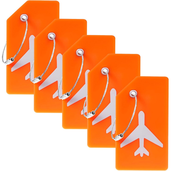 Set med 5 silikonbagageetiketter för handväskor, skolväskor, resväskor och instrument (orange)