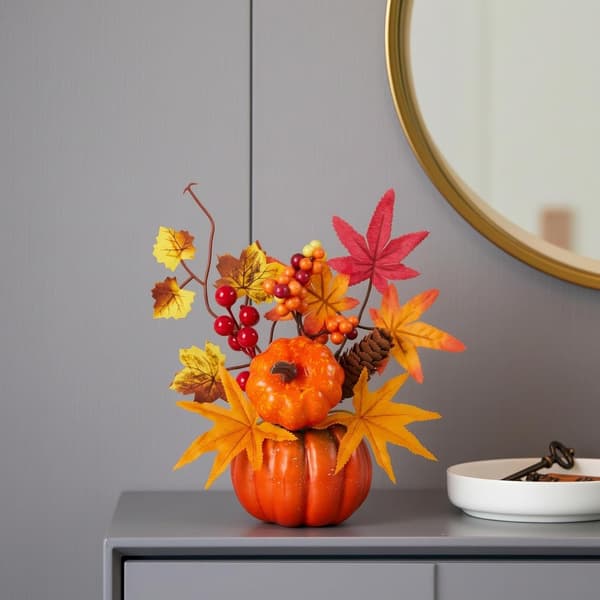 Kunstig gresskar midtpunkt, rustikk blomsterarrangement med lønneblader (C) C